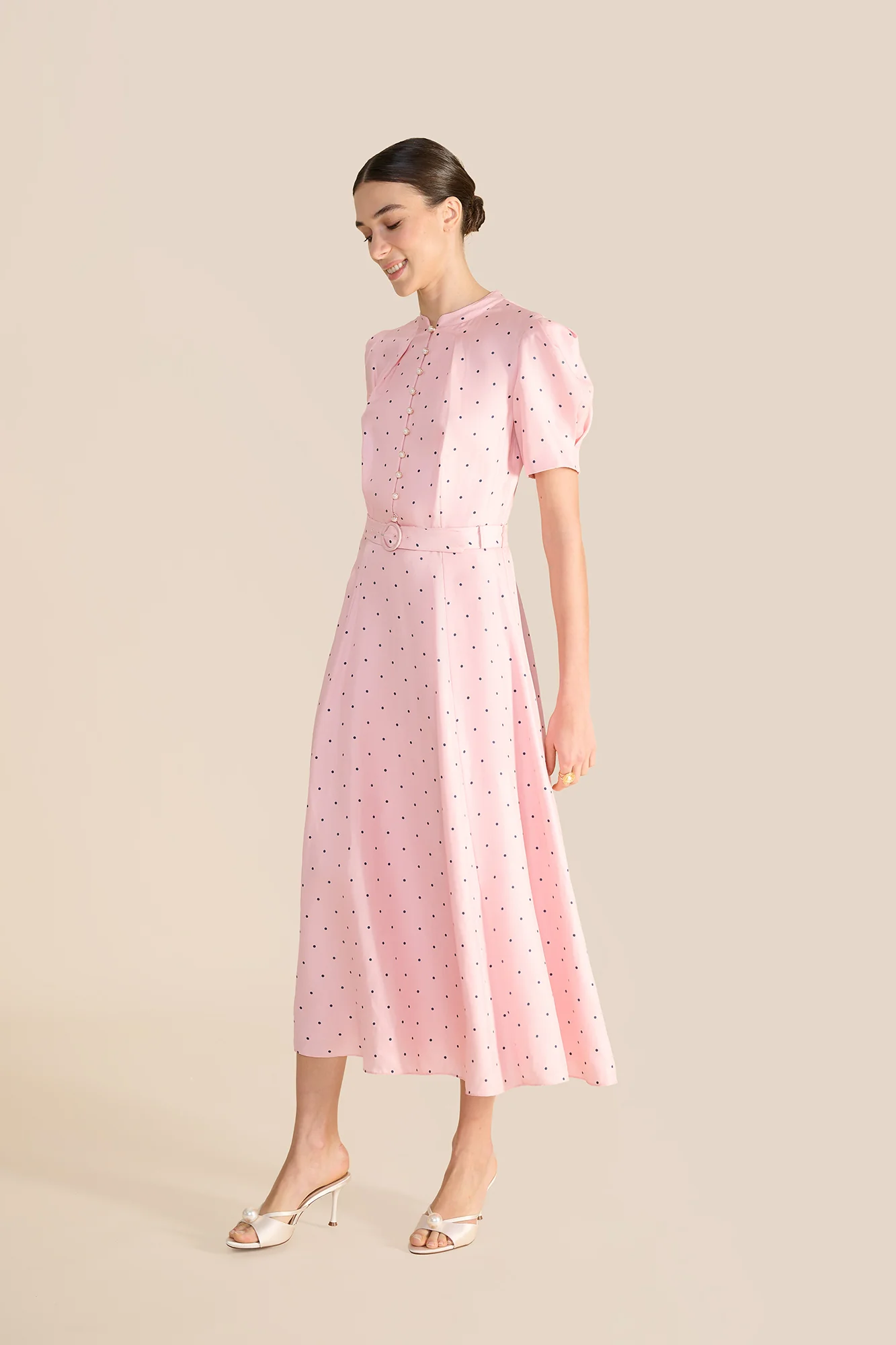 Ahana Pink & Navy Polka Dot Dress - Image 4