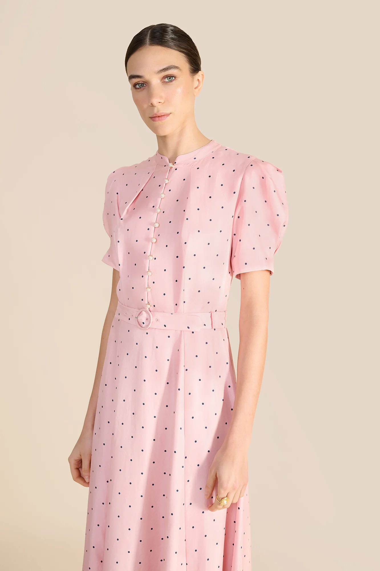 Ahana Pink & Navy Polka Dot Dress - Image 5