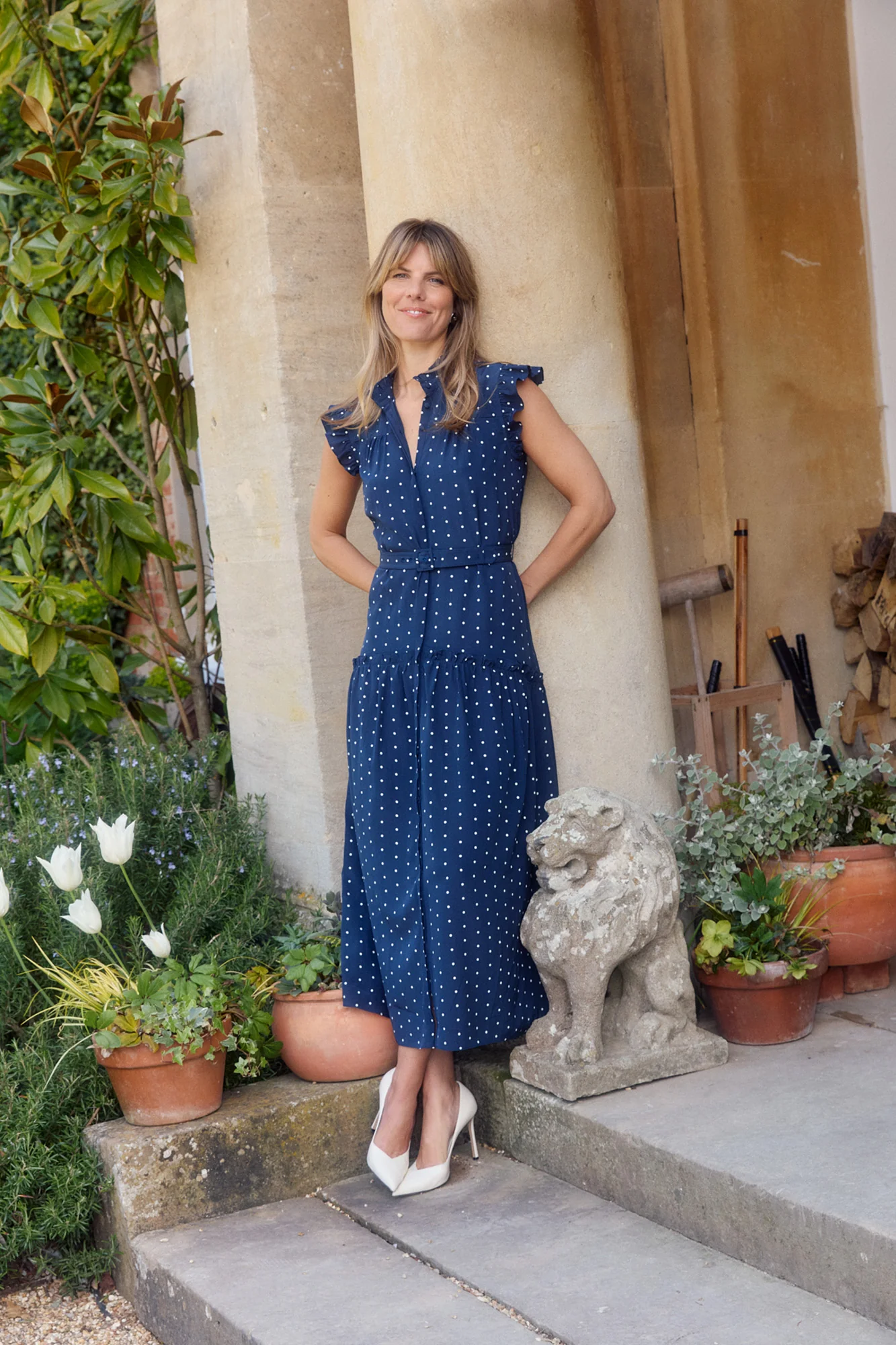 Darsha Navy Polka Dot Sleeveless Dress - Image 2