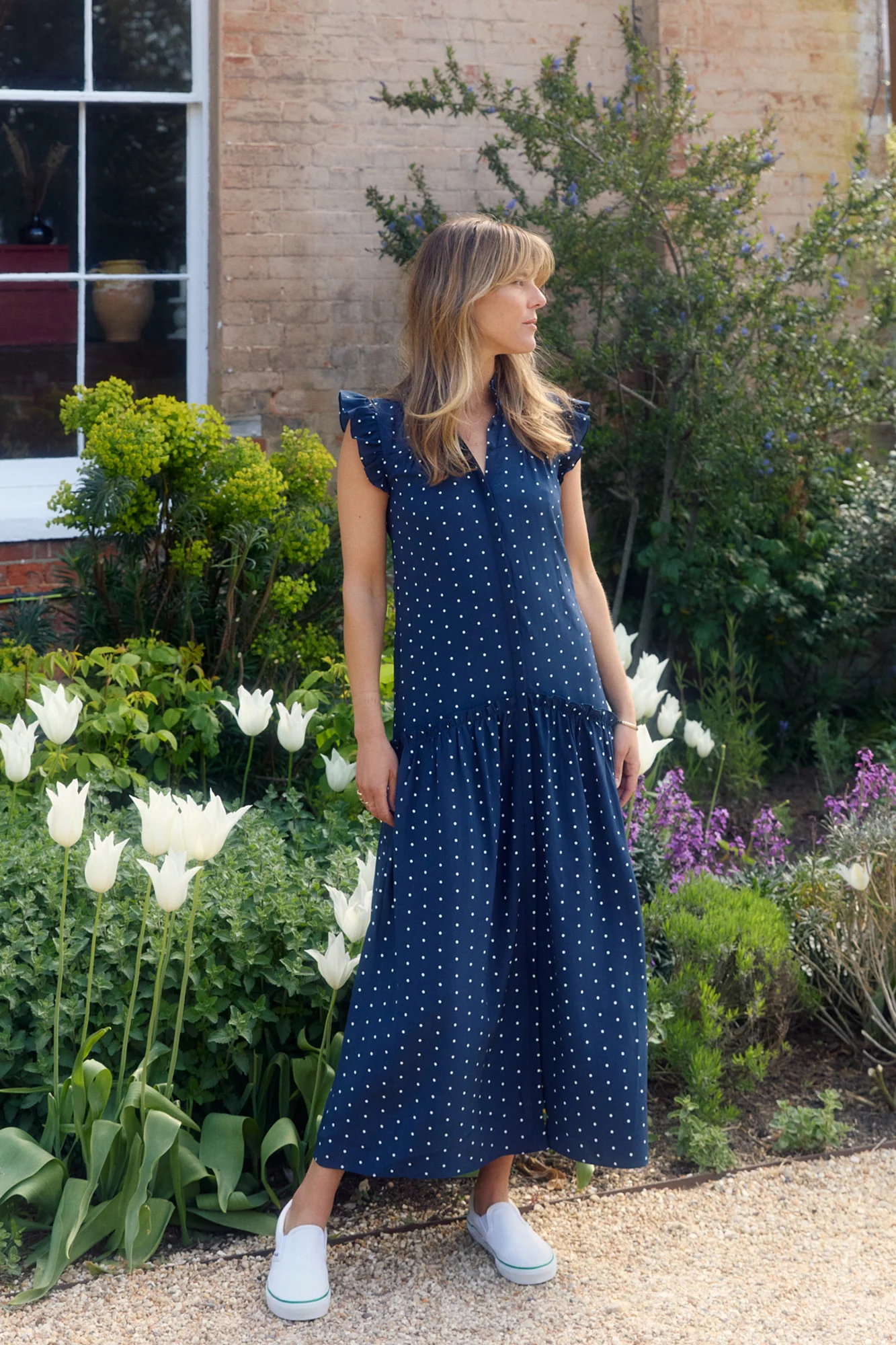 Darsha Navy Polka Dot Sleeveless Dress - Image 4