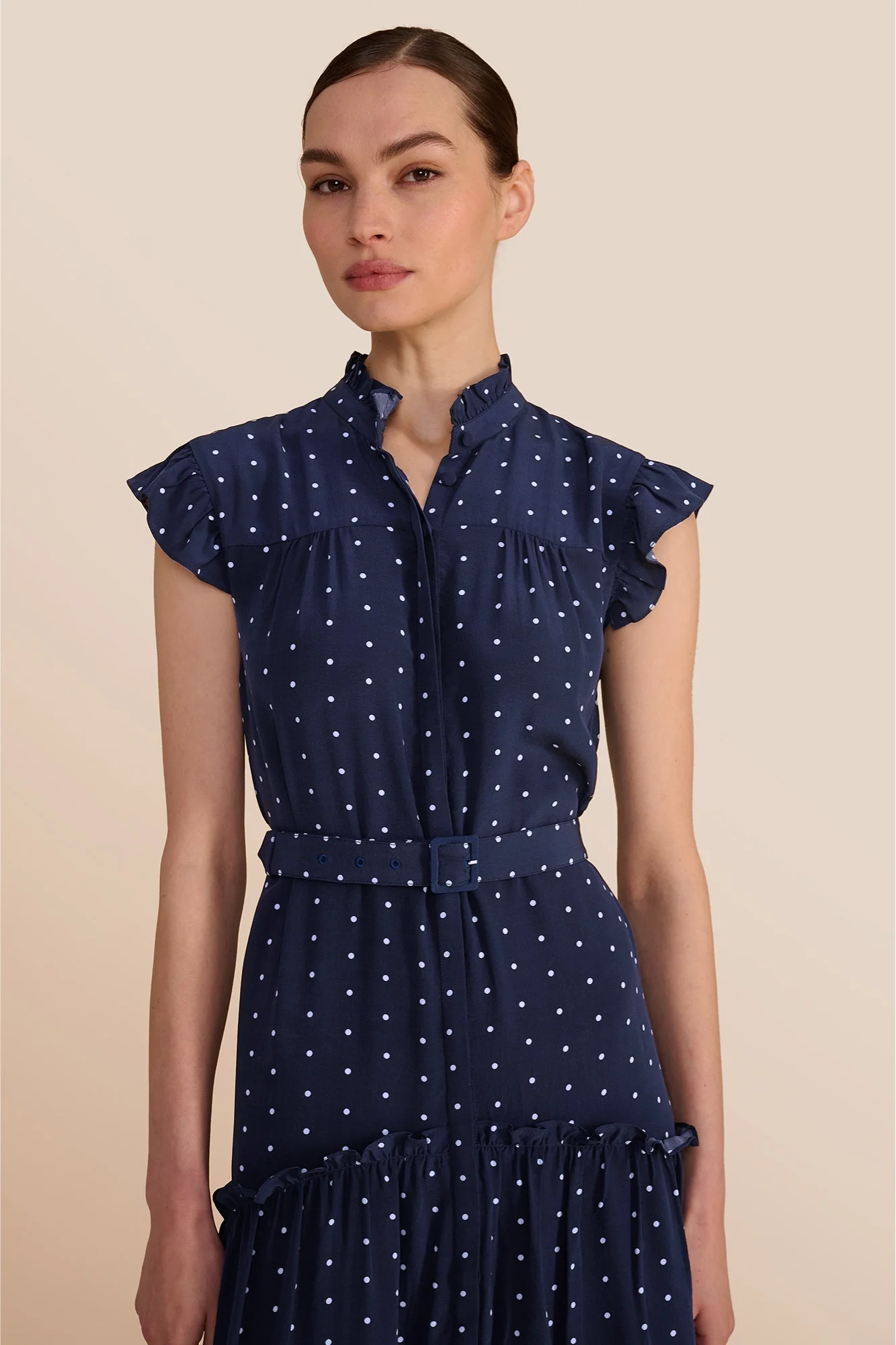 Darsha Navy Polka Dot Sleeveless Dress - Image 5