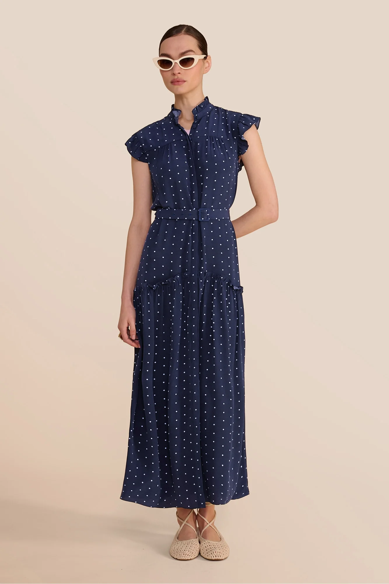 Darsha Navy Polka Dot Sleeveless Dress - Image 6